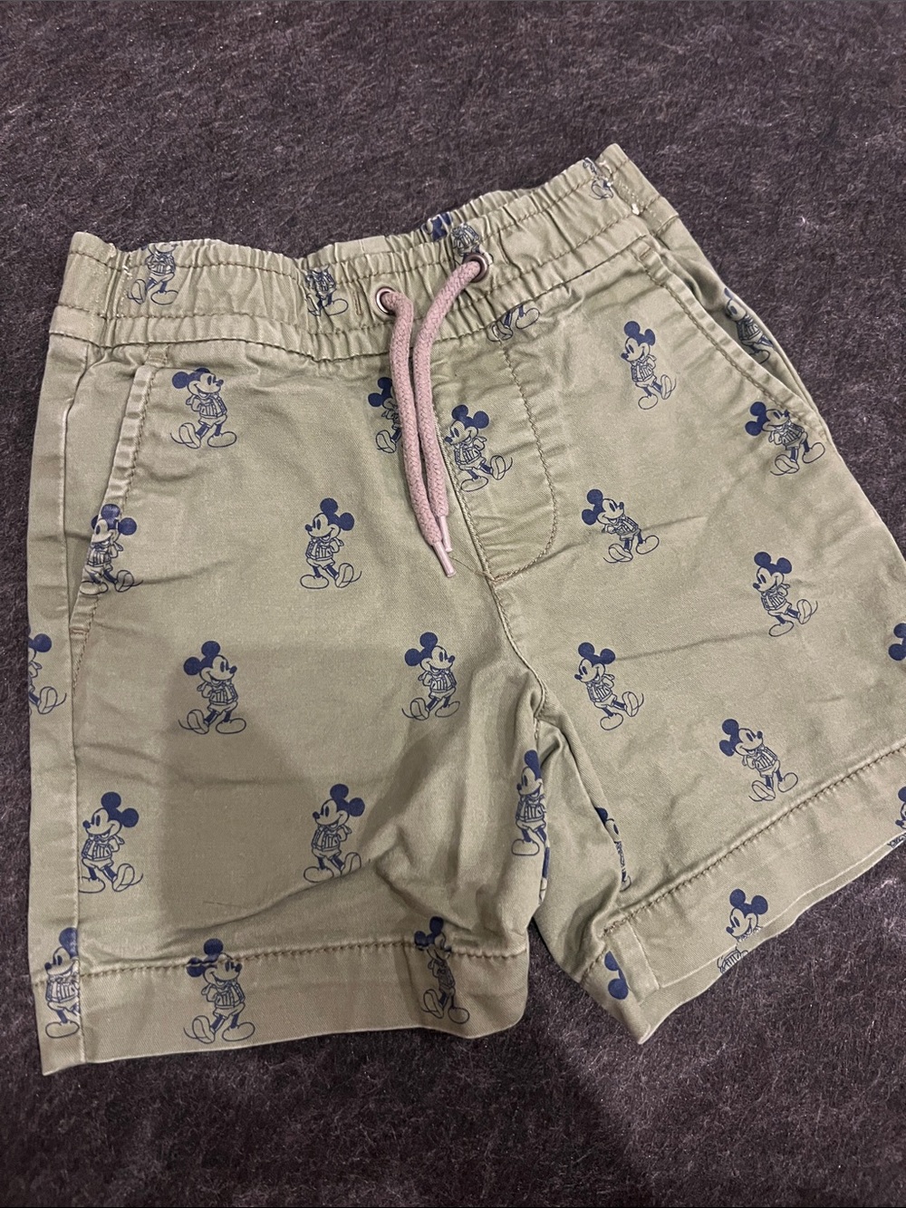 Baby GAP Disney Olive Green Shorts with Navy Mickey Print and Pink Drawstring